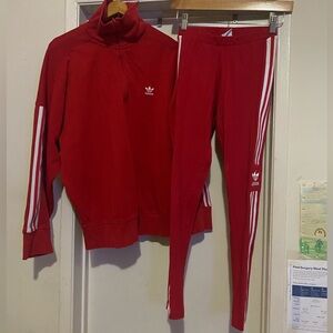 adidas Red Track Jacket and Three-Stripe Leggings Set